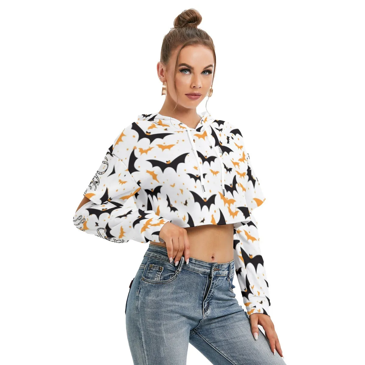 Officially Sexy Halloween Collection Black and Orange Bats Women's White Heavy Fleece Cropped Hoodie With Hollow Out Sleeves (English)
