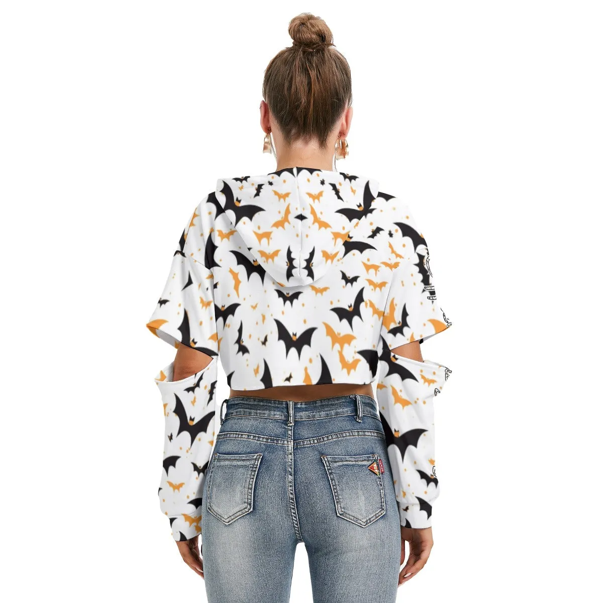 Officially Sexy Halloween Collection Black and Orange Bats Women's White Heavy Fleece Cropped Hoodie With Hollow Out Sleeves (English)