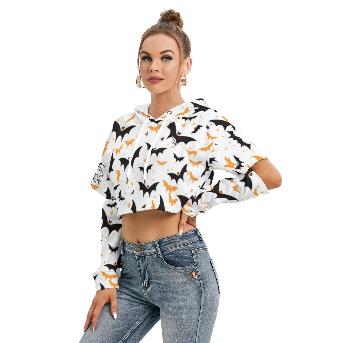 Officially Sexy Halloween Collection Black and Orange Bats Women's White Heavy Fleece Cropped Hoodie With Hollow Out Sleeves (English)
