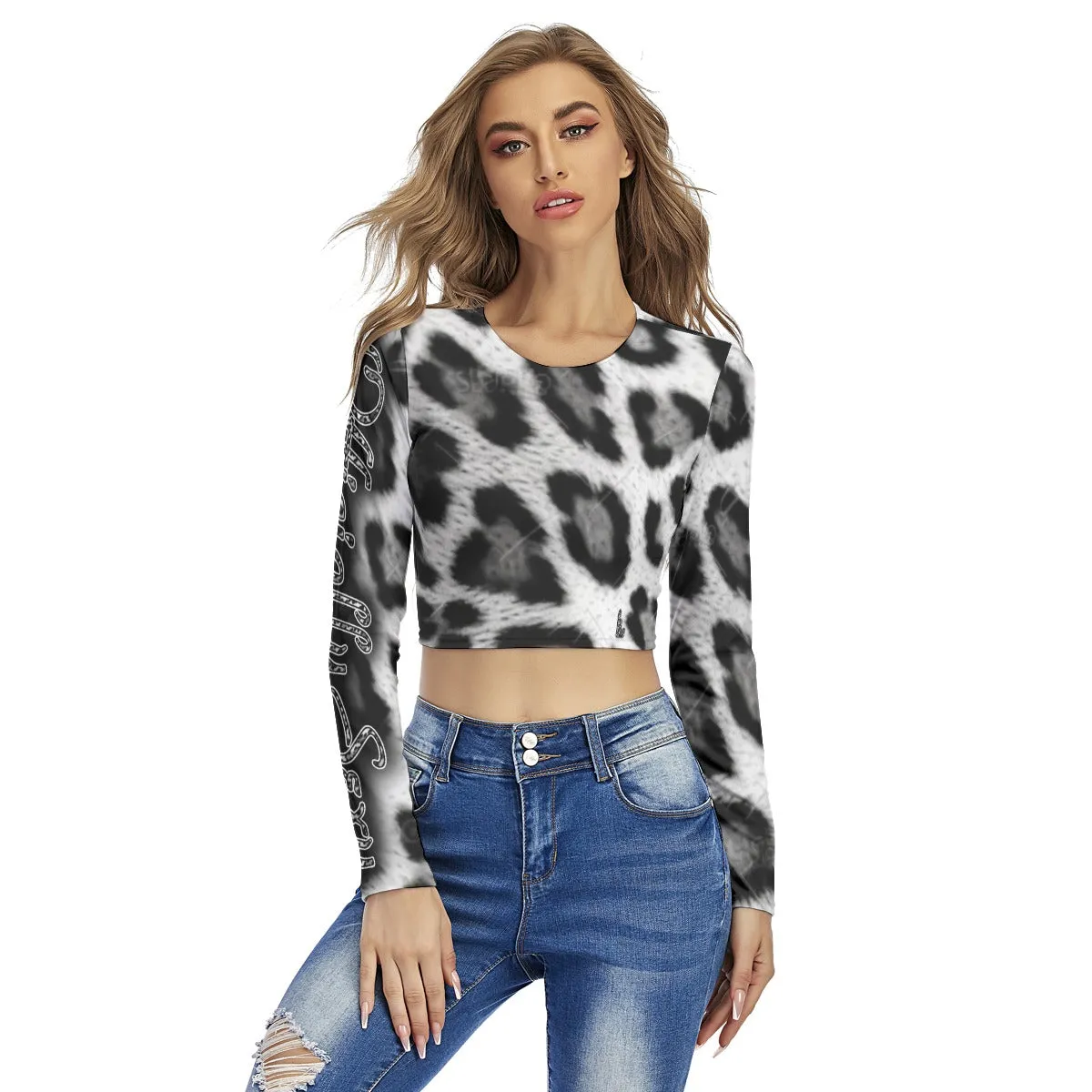 Officially Sexy Snow Leopard Print Collection Women's Round Neck Crop Top Long Sleeve T-Shirt (English)