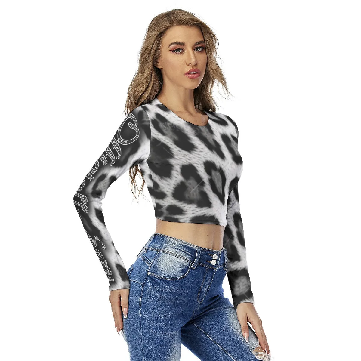 Officially Sexy Snow Leopard Print Collection Women's Round Neck Crop Top Long Sleeve T-Shirt (English)