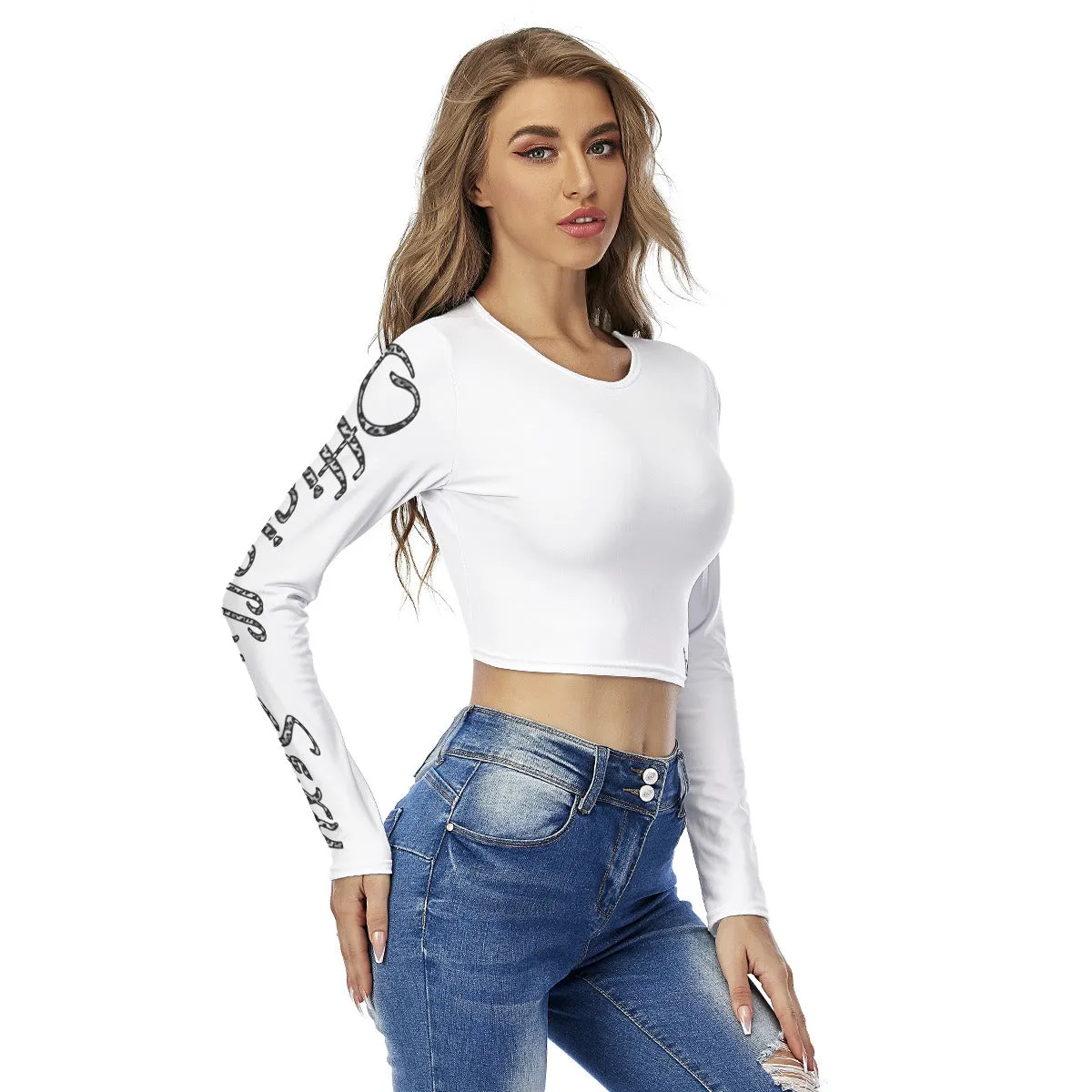 Officially Sexy Snow Leopard Print Collection Women's Round Neck Crop Top Long Sleeve T-Shirt (English)