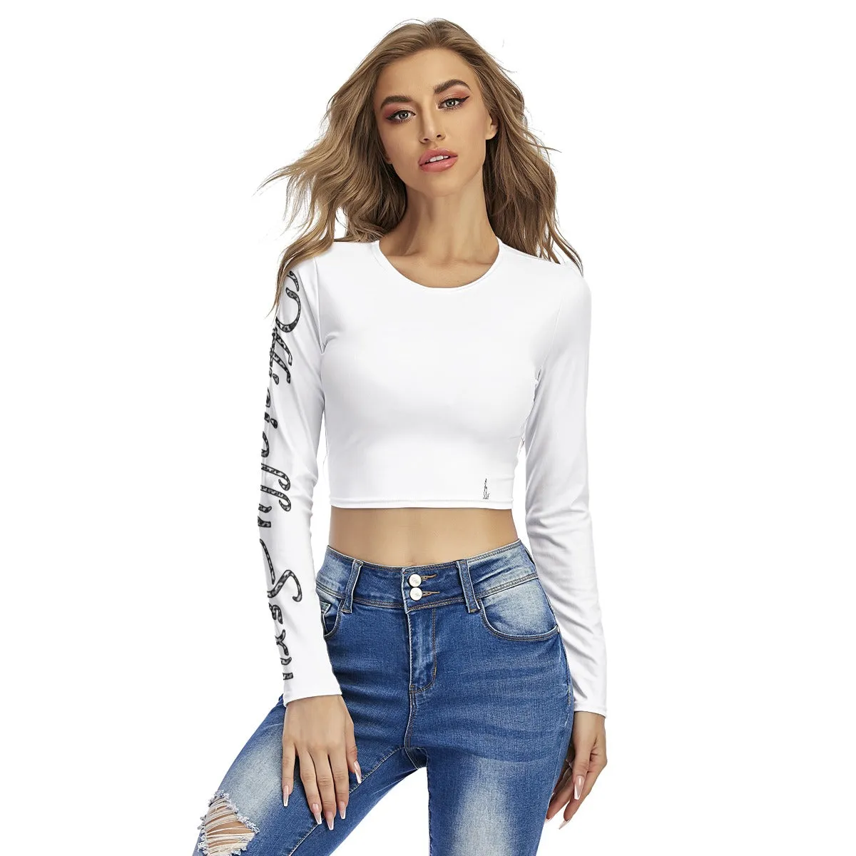Officially Sexy Snow Leopard Print Collection Women's Round Neck Crop Top Long Sleeve T-Shirt (English)