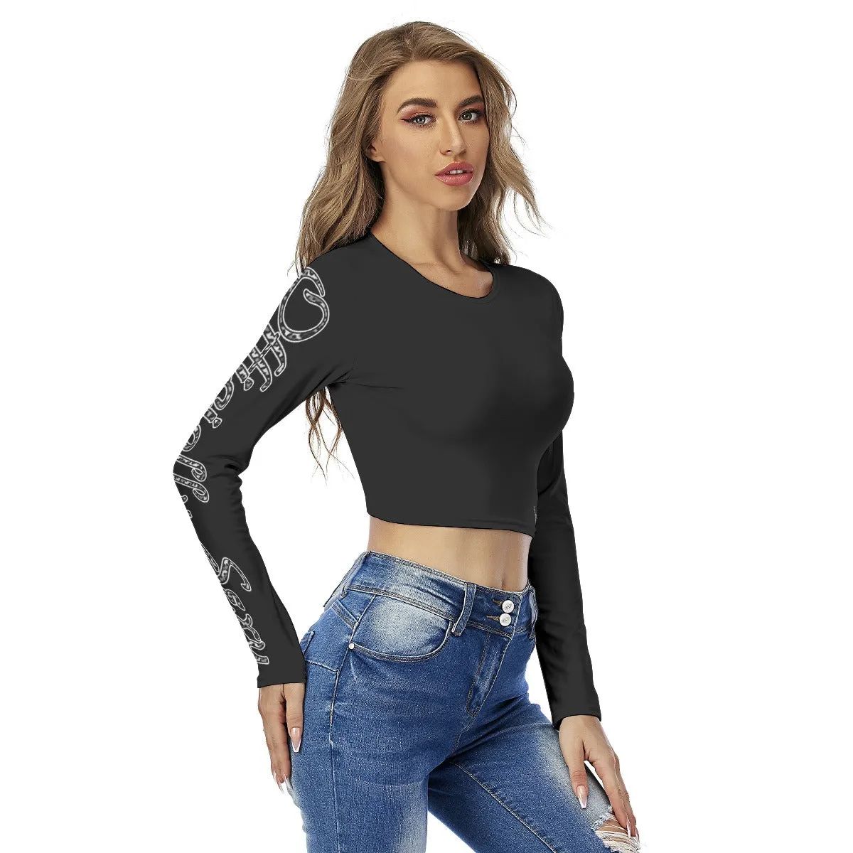 Officially Sexy Snow Leopard Print Collection Women's Round Neck Crop Top Long Sleeve T-Shirt (English)