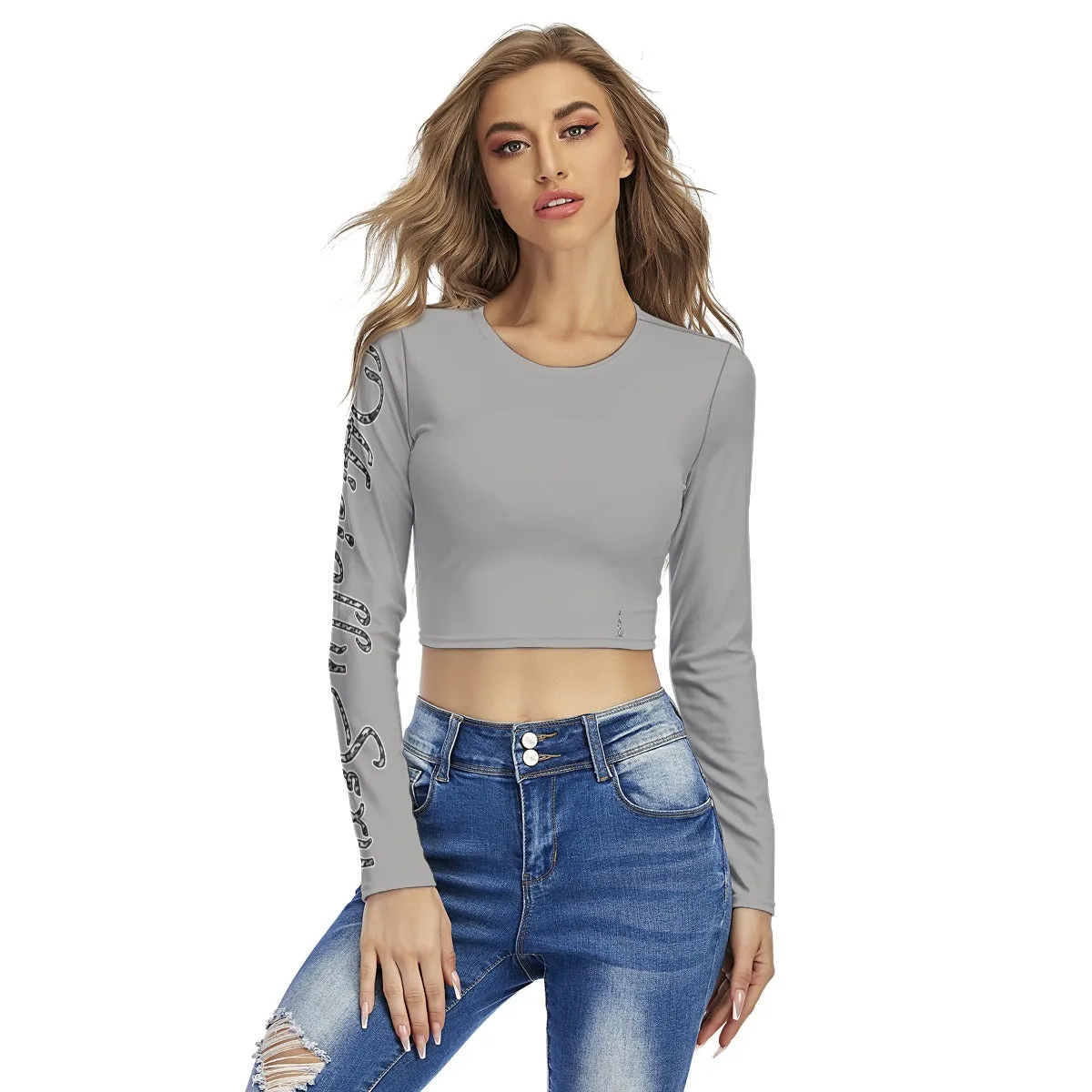 Officially Sexy Snow Leopard Print Collection Women's Round Neck Crop Top Long Sleeve T-Shirt (English)