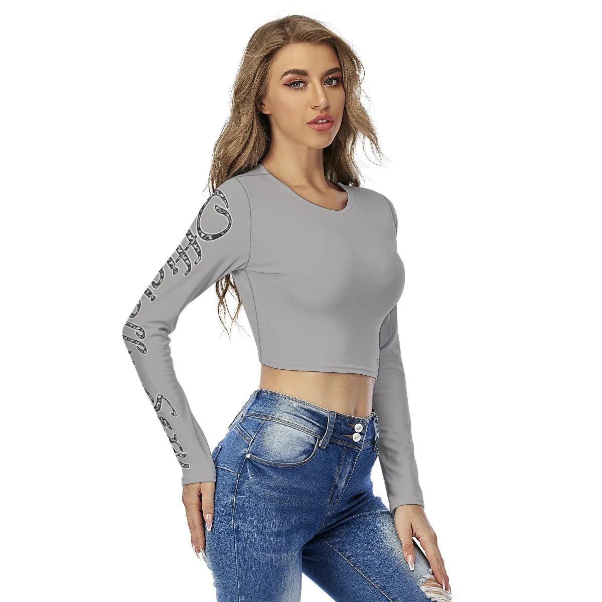 Officially Sexy Snow Leopard Print Collection Women's Round Neck Crop Top Long Sleeve T-Shirt (English)