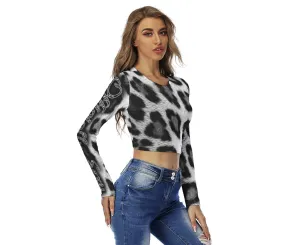 Officially Sexy Snow Leopard Print Collection Women's Round Neck Crop Top Long Sleeve T-Shirt (English)