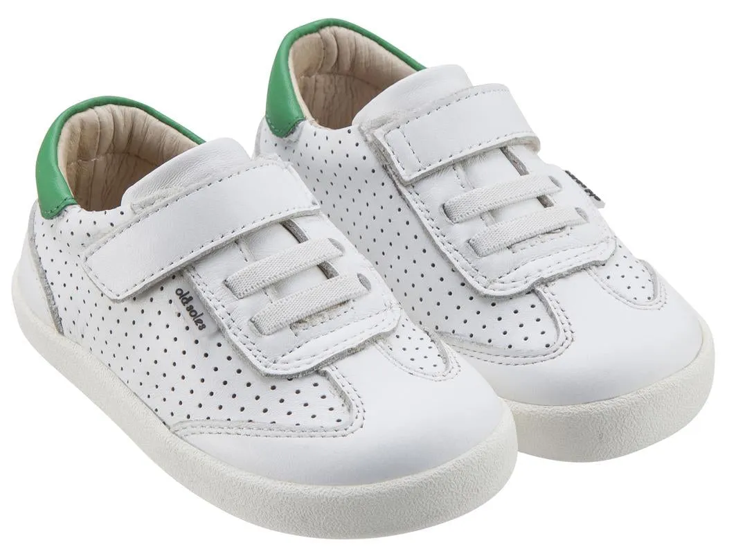 Old Soles Girl's & Boy's 5013 Mr Lee White and Green Leather Slip On Sneaker Shoe with Hook and Loop Strap
