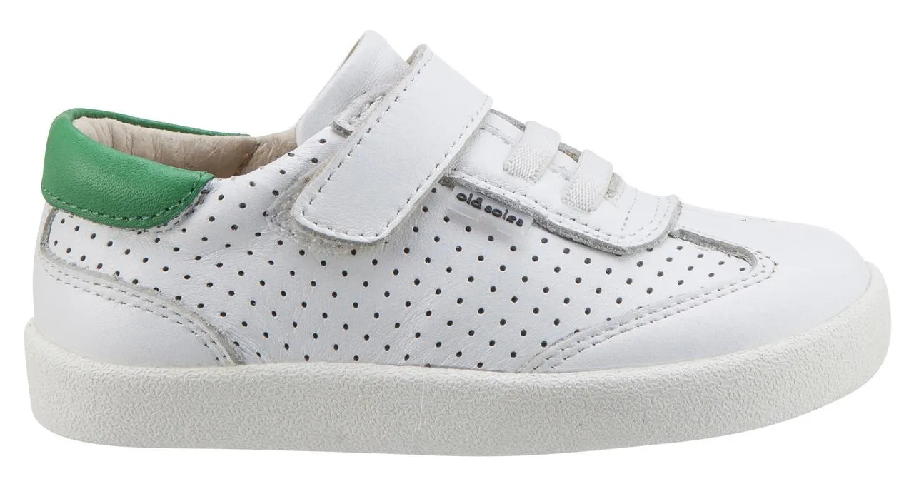 Old Soles Girl's & Boy's 5013 Mr Lee White and Green Leather Slip On Sneaker Shoe with Hook and Loop Strap