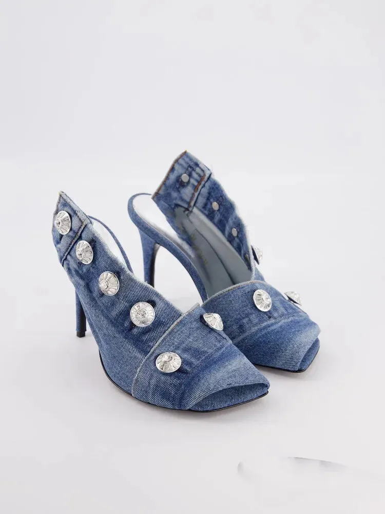 Open Toe Denim Booties/Denim Mules