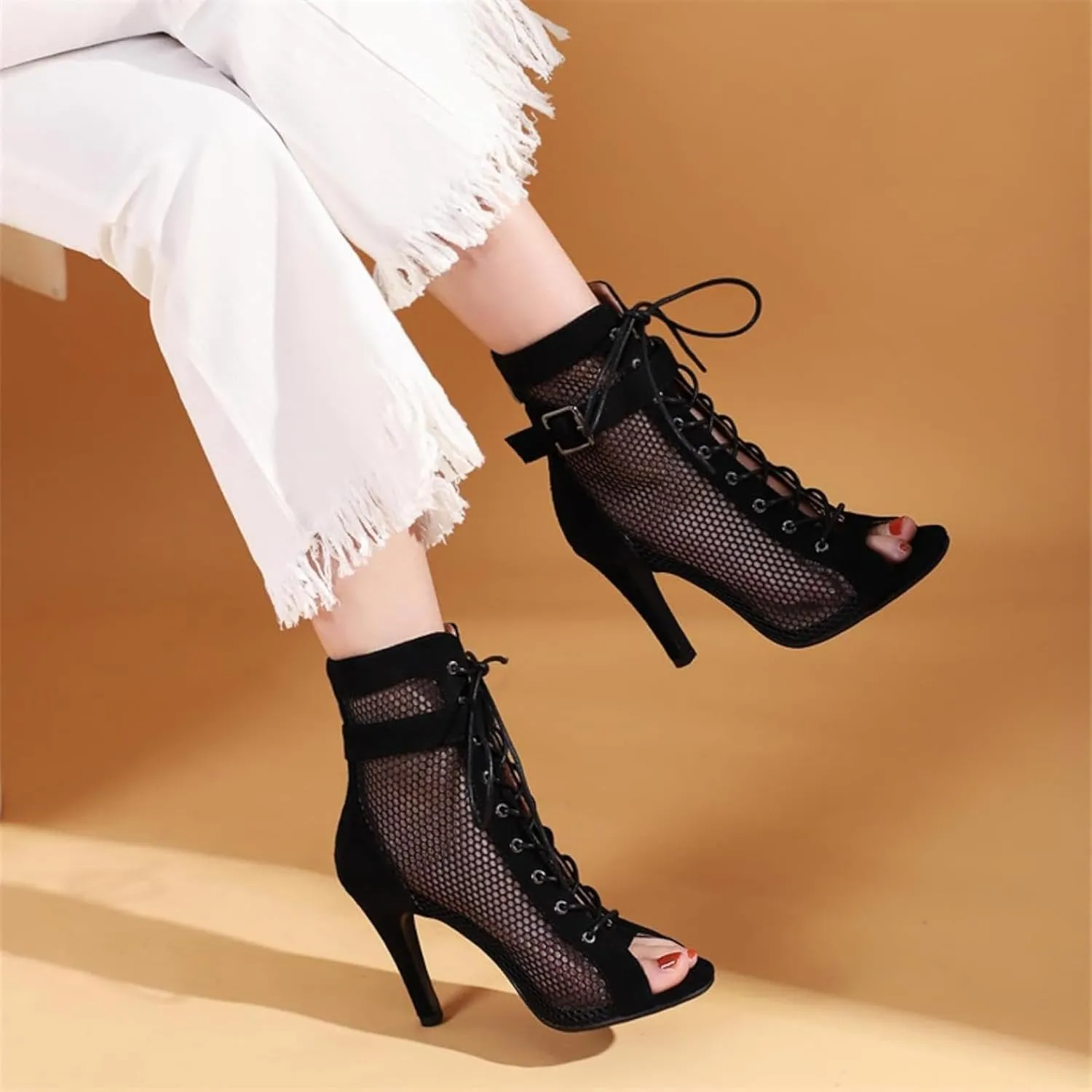 Open Toed Summer Women's Sandals, Hollow Mesh Ankle Boots, Lace up High Heels, Jazz Dance Shoes
