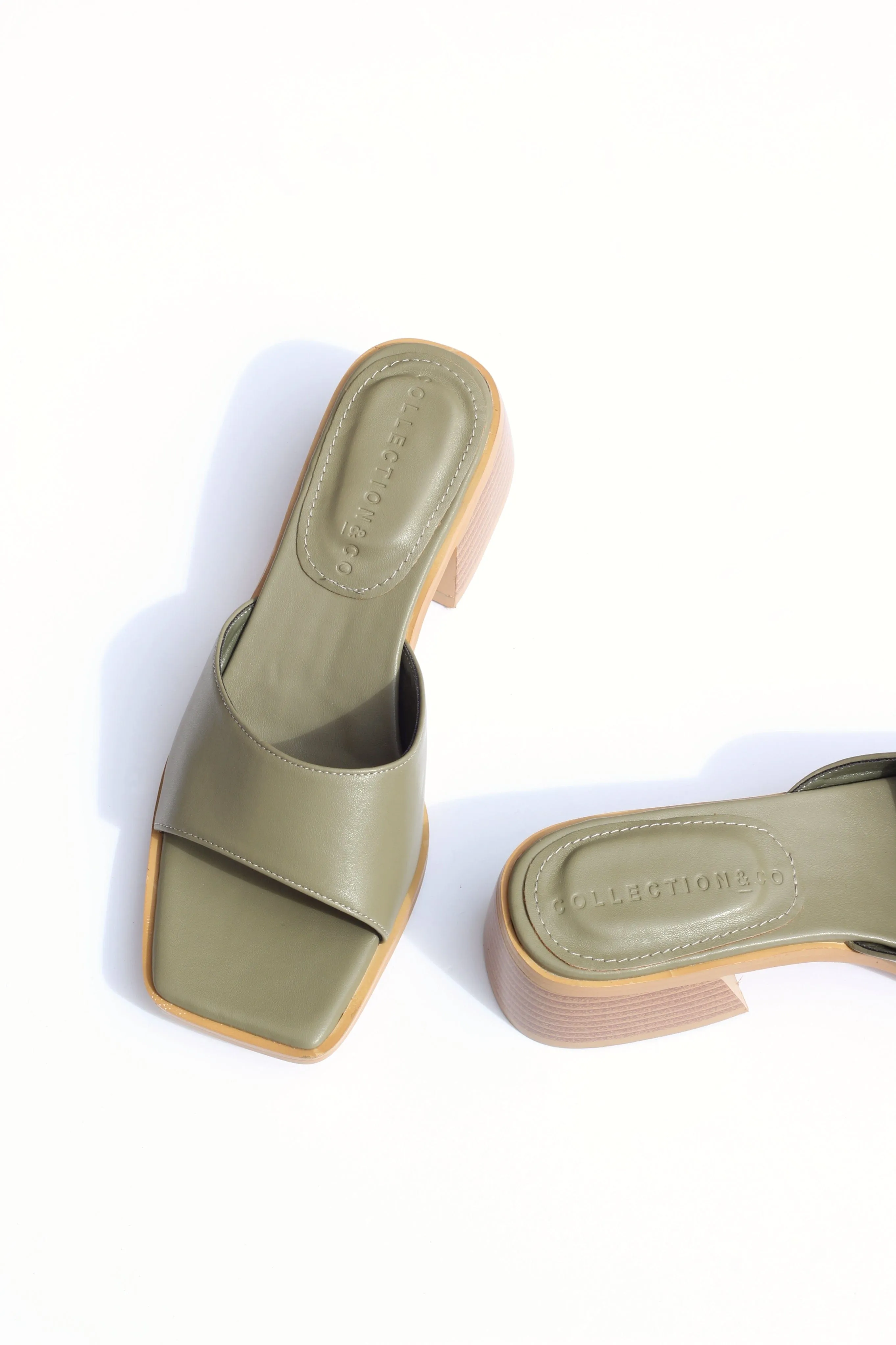 Pia Up-Cycled Vegan Leather Block Heel Mules | Olive Green