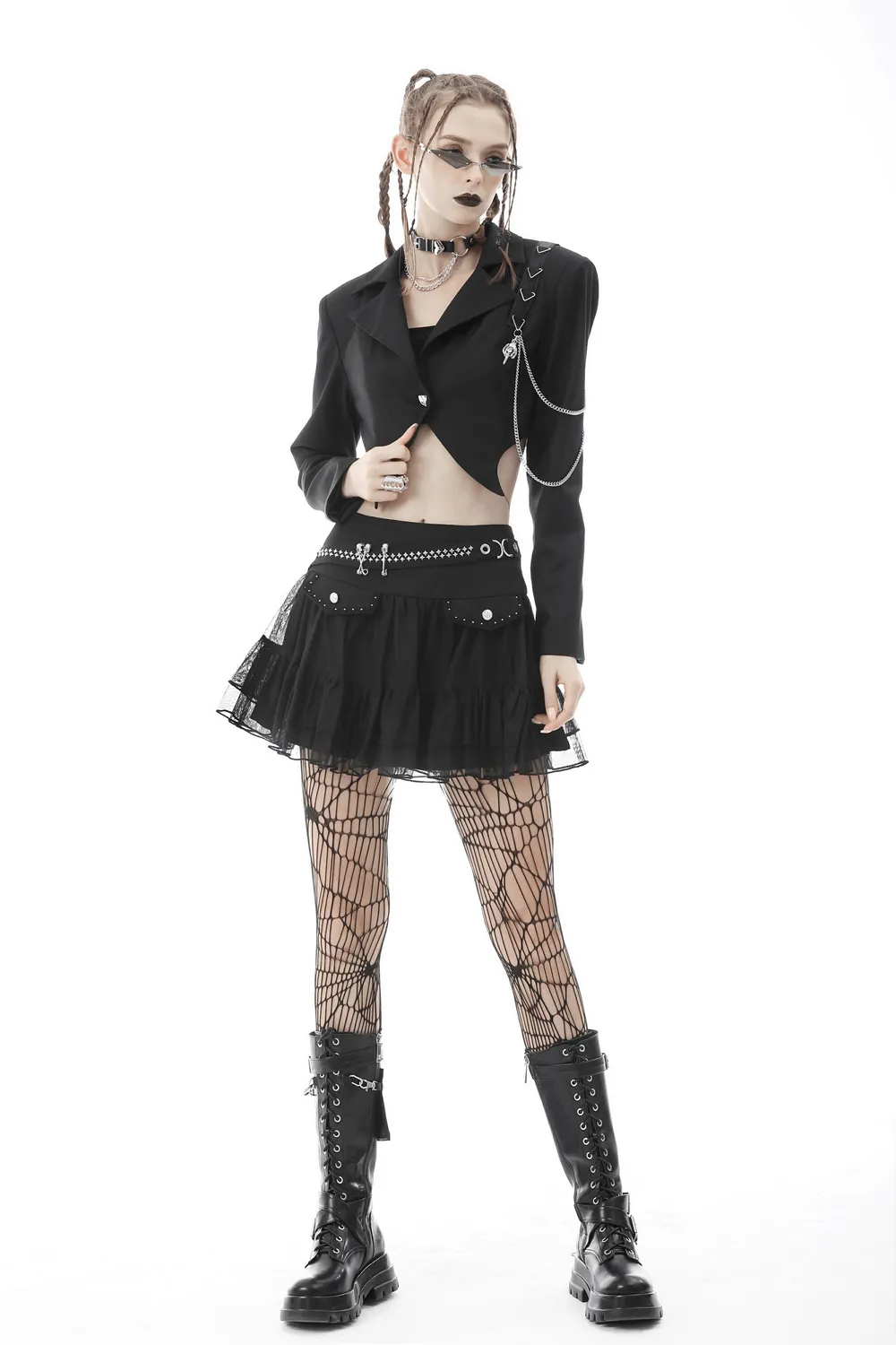 Punk Women's Crop Jacket with Chain Embellishments