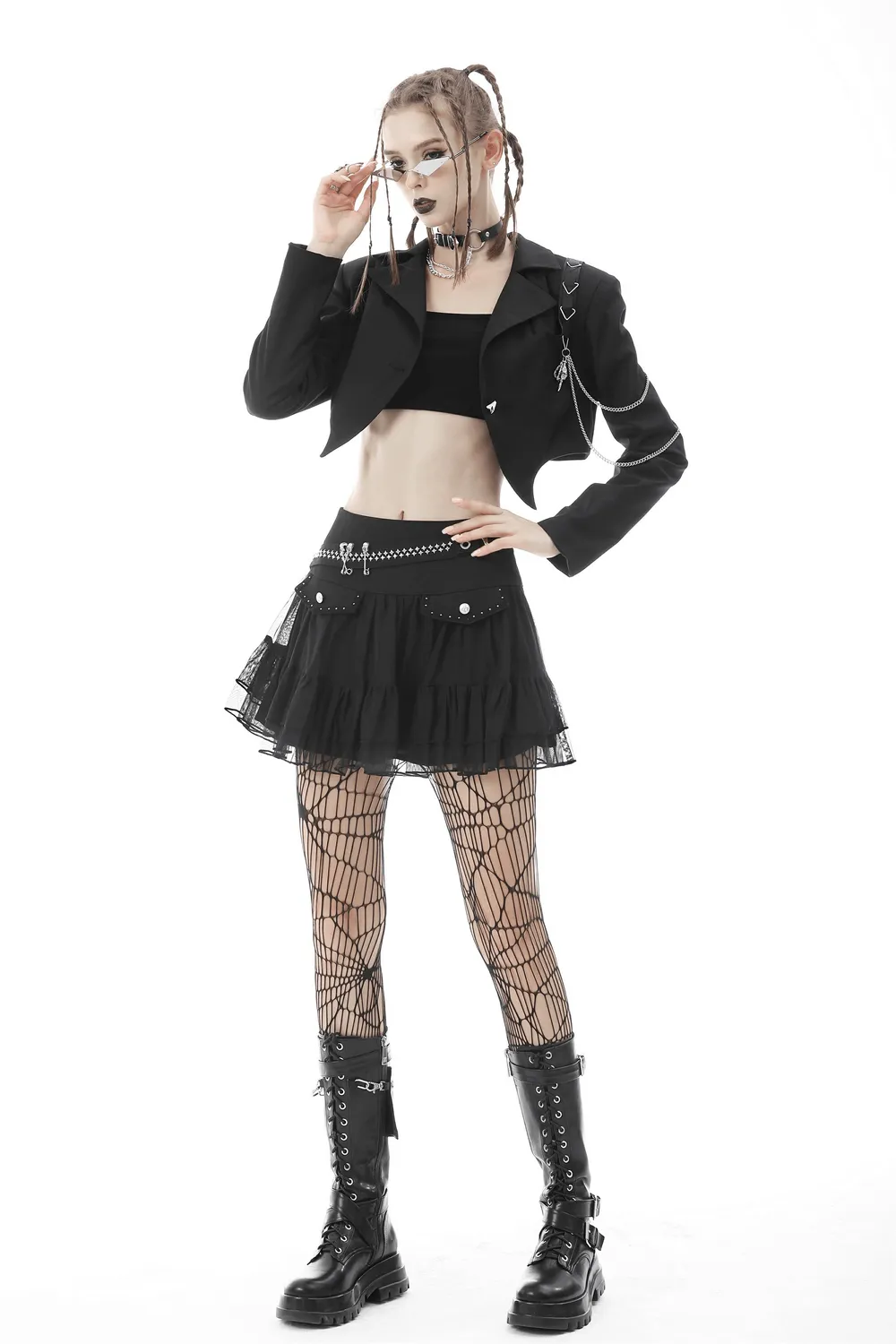 Punk Women's Crop Jacket with Chain Embellishments