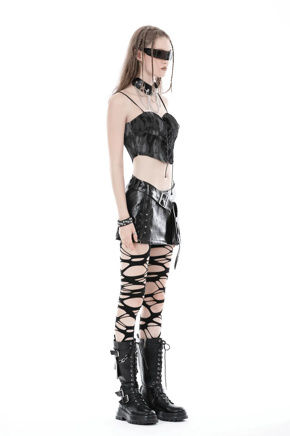 Punk Women's Mini Skirt with Pockets and Spiked Accents
