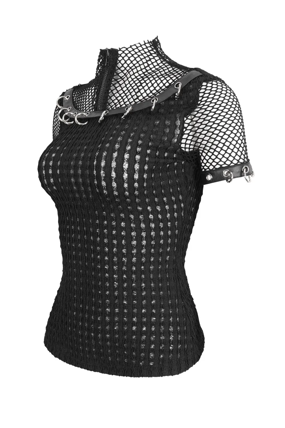 Punk Women's Zip-Up Mesh T-shirt with O-rings on Sleeves