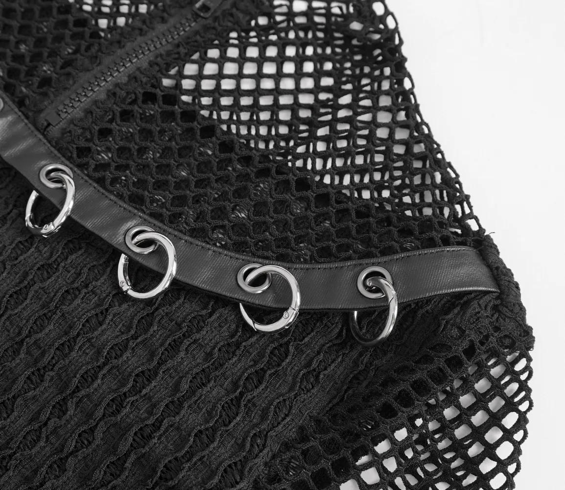 Punk Women's Zip-Up Mesh T-shirt with O-rings on Sleeves