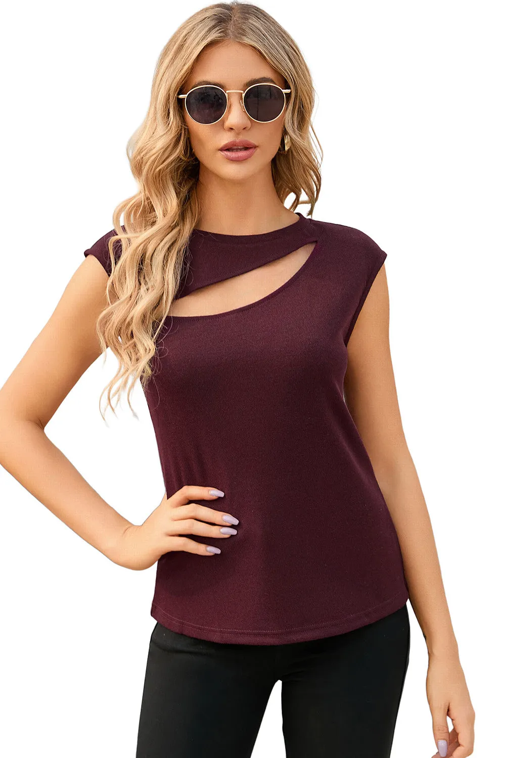 Red Slash Cutout Cap Sleeve T Shirt