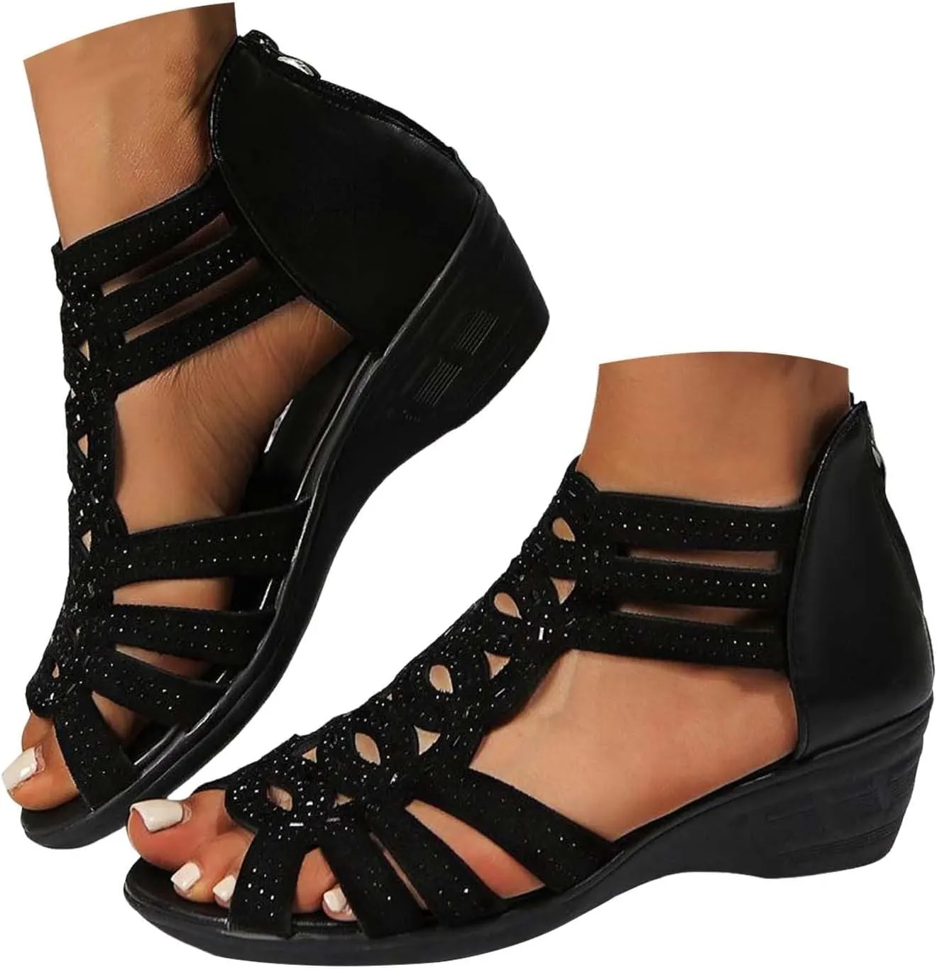 Rhinestone Chunky Heel for Women Dressy,2025 Casual Open Toe Solid Color Hollow Out Orthopedic Bohemia Wedges Sandals Slip On Mules Wedges Heels for Women Shoes