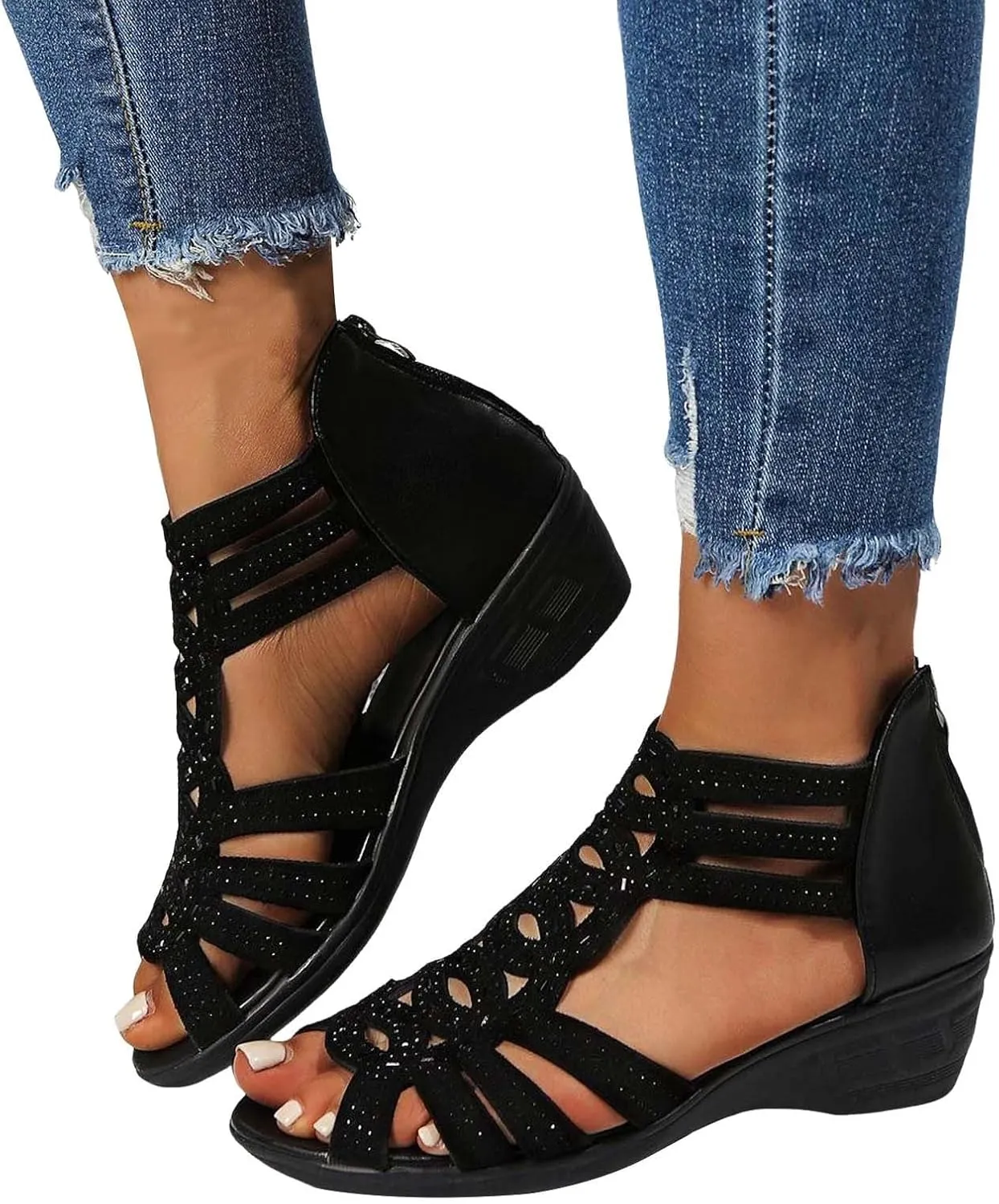 Rhinestone Chunky Heel for Women Dressy,2025 Casual Open Toe Solid Color Hollow Out Orthopedic Bohemia Wedges Sandals Slip On Mules Wedges Heels for Women Shoes