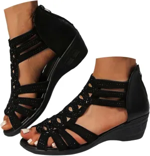 Rhinestone Chunky Heel for Women Dressy,2025 Casual Open Toe Solid Color Hollow Out Orthopedic Bohemia Wedges Sandals Slip On Mules Wedges Heels for Women Shoes