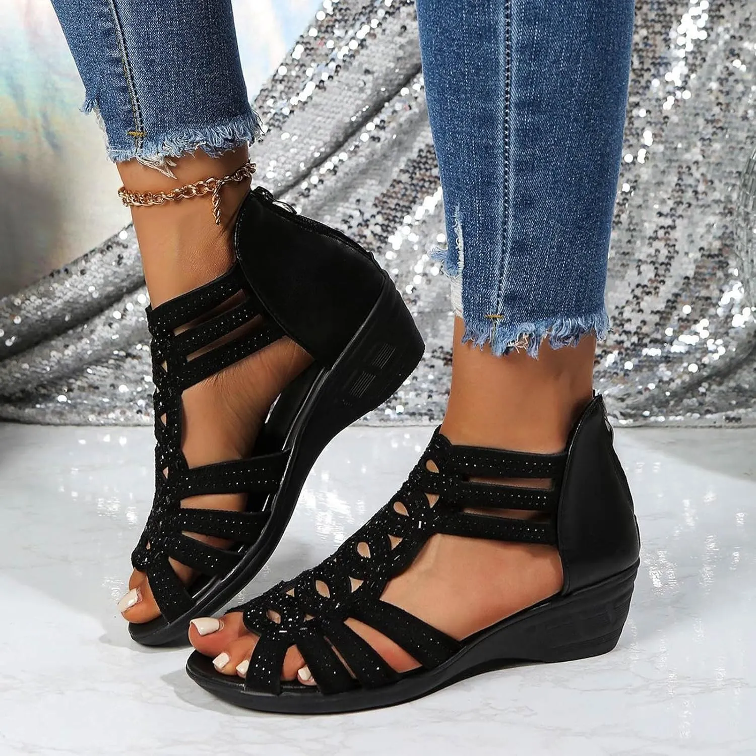 Rhinestone Chunky Heel for Women Dressy,2025 Casual Open Toe Solid Color Hollow Out Orthopedic Bohemia Wedges Sandals Slip On Mules Wedges Heels for Women Shoes
