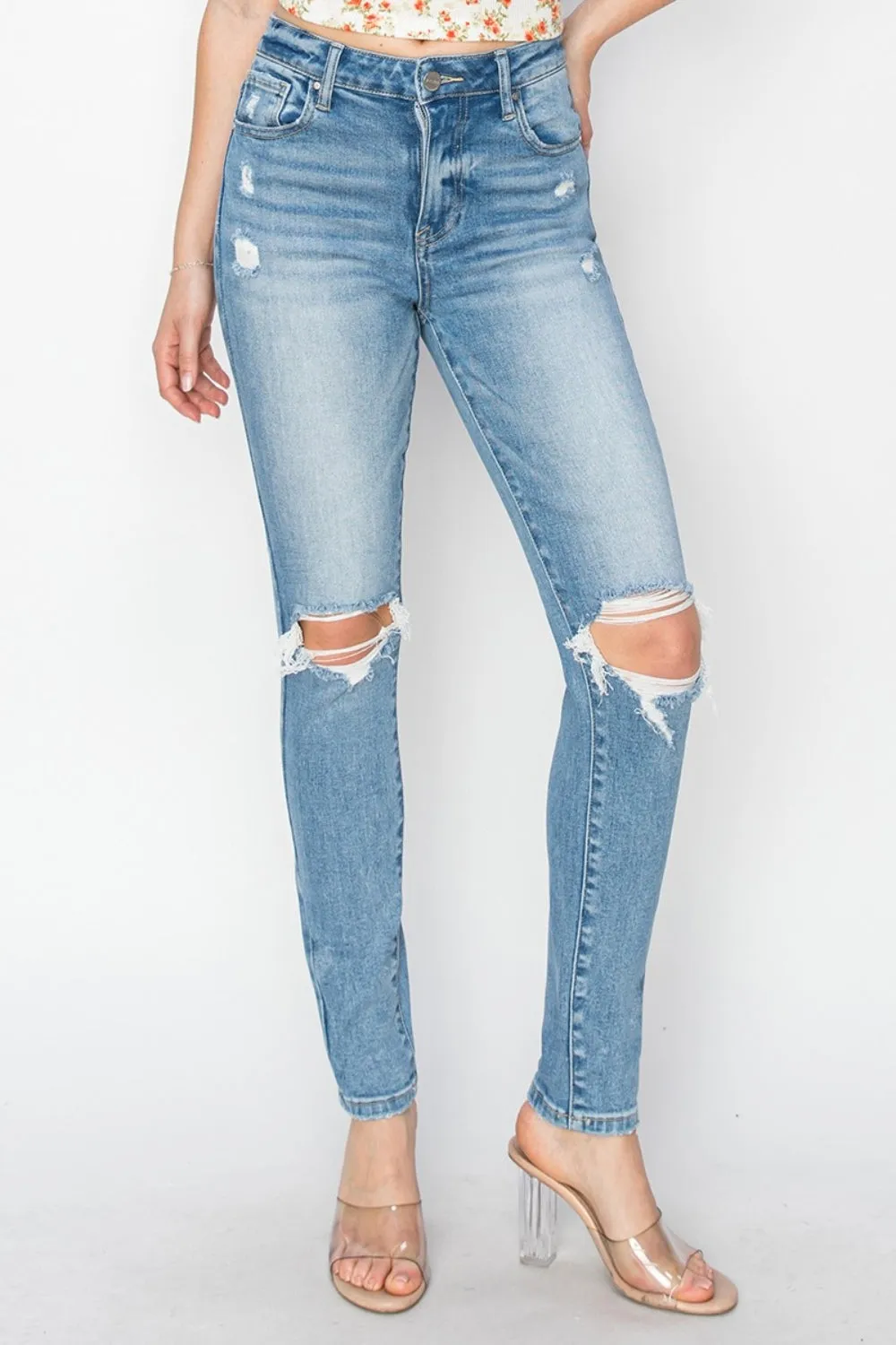 Risen Apple High Rise Knee Distressed Skinny Jeans
