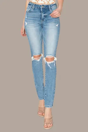 Risen Apple High Rise Knee Distressed Skinny Jeans