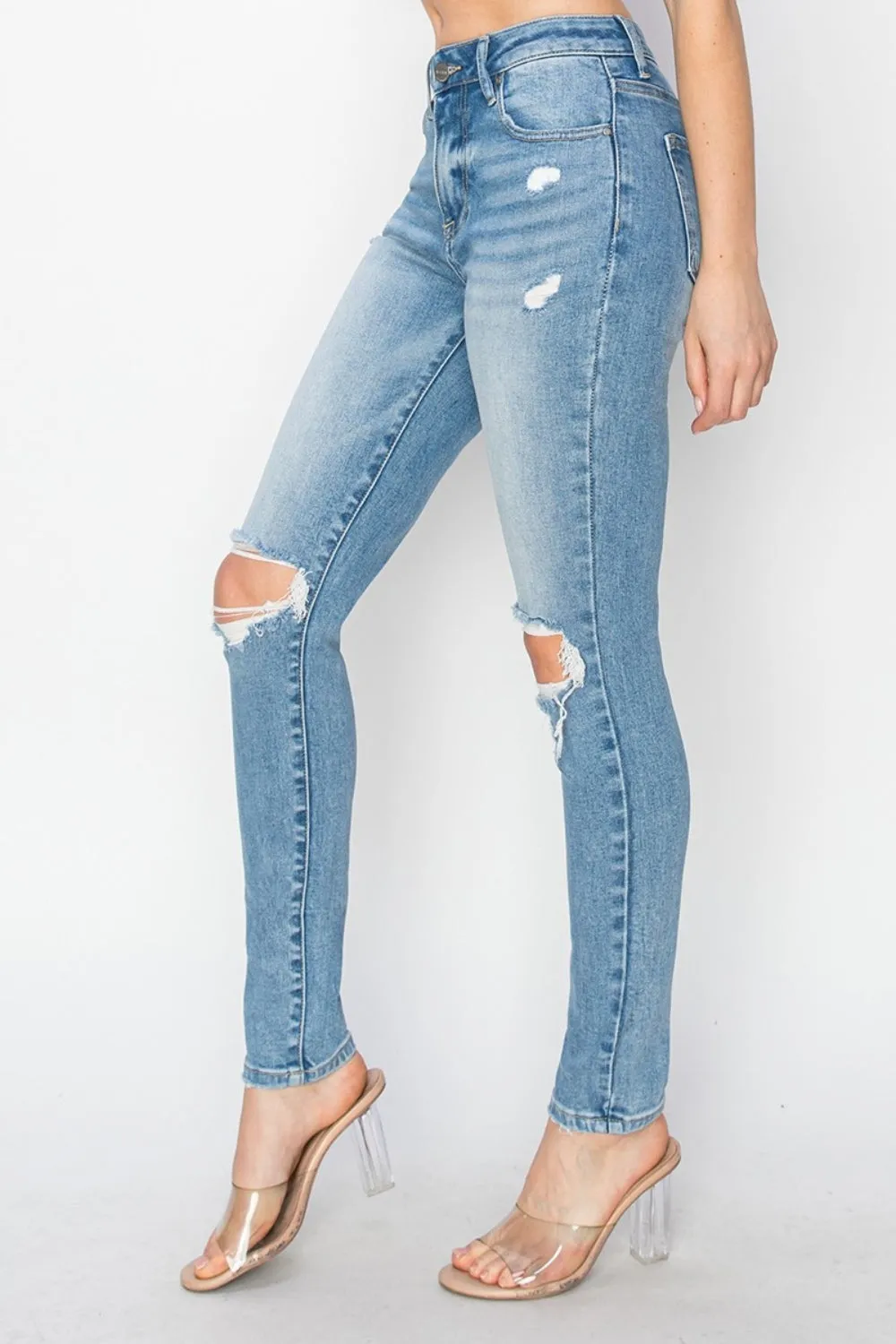 Risen Apple High Rise Knee Distressed Skinny Jeans