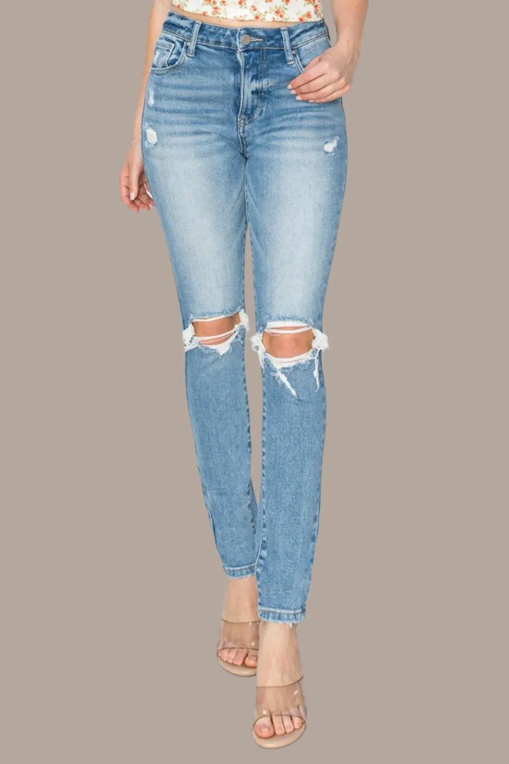 Risen Apple High Rise Knee Distressed Skinny Jeans