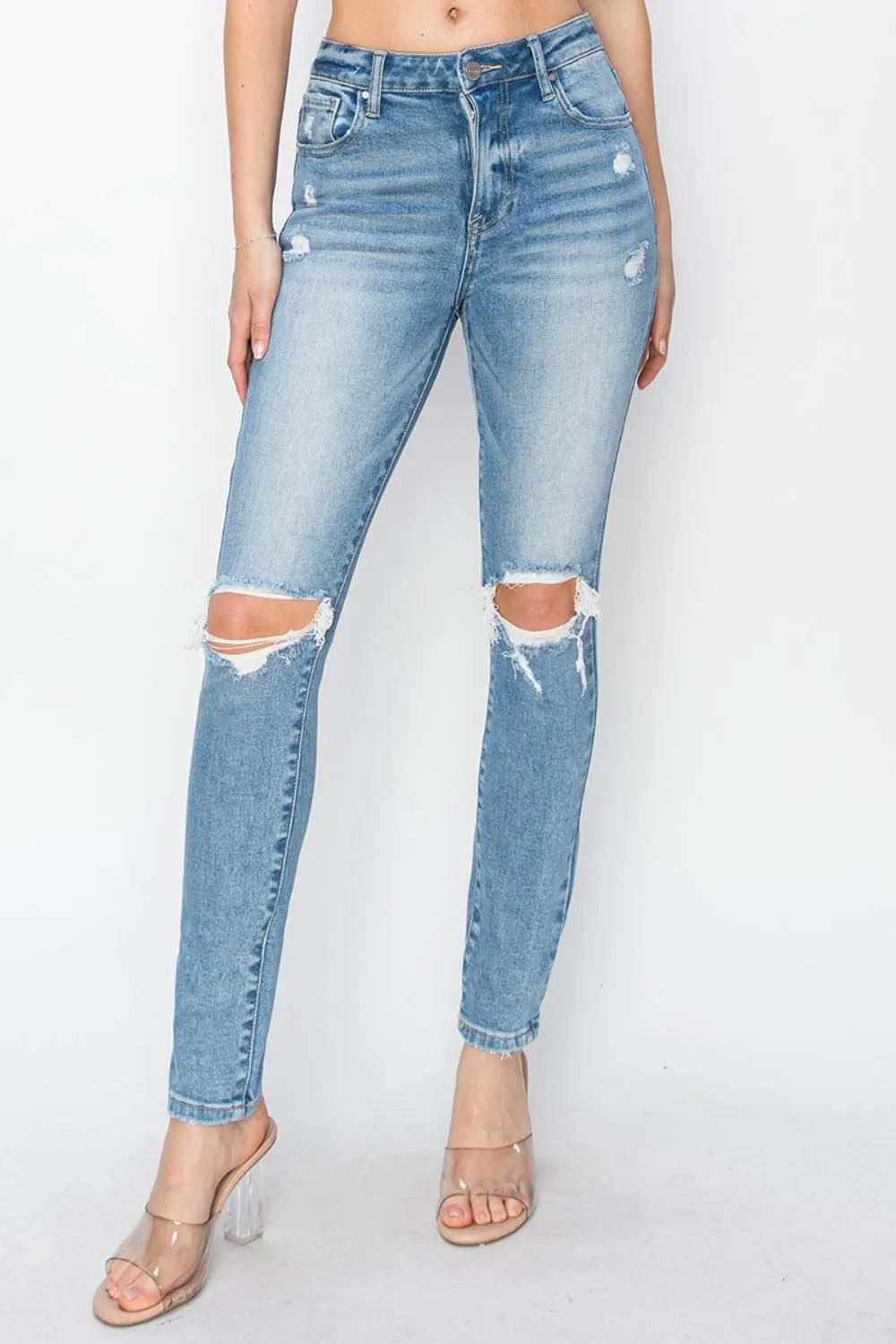 Risen Apple High Rise Knee Distressed Skinny Jeans