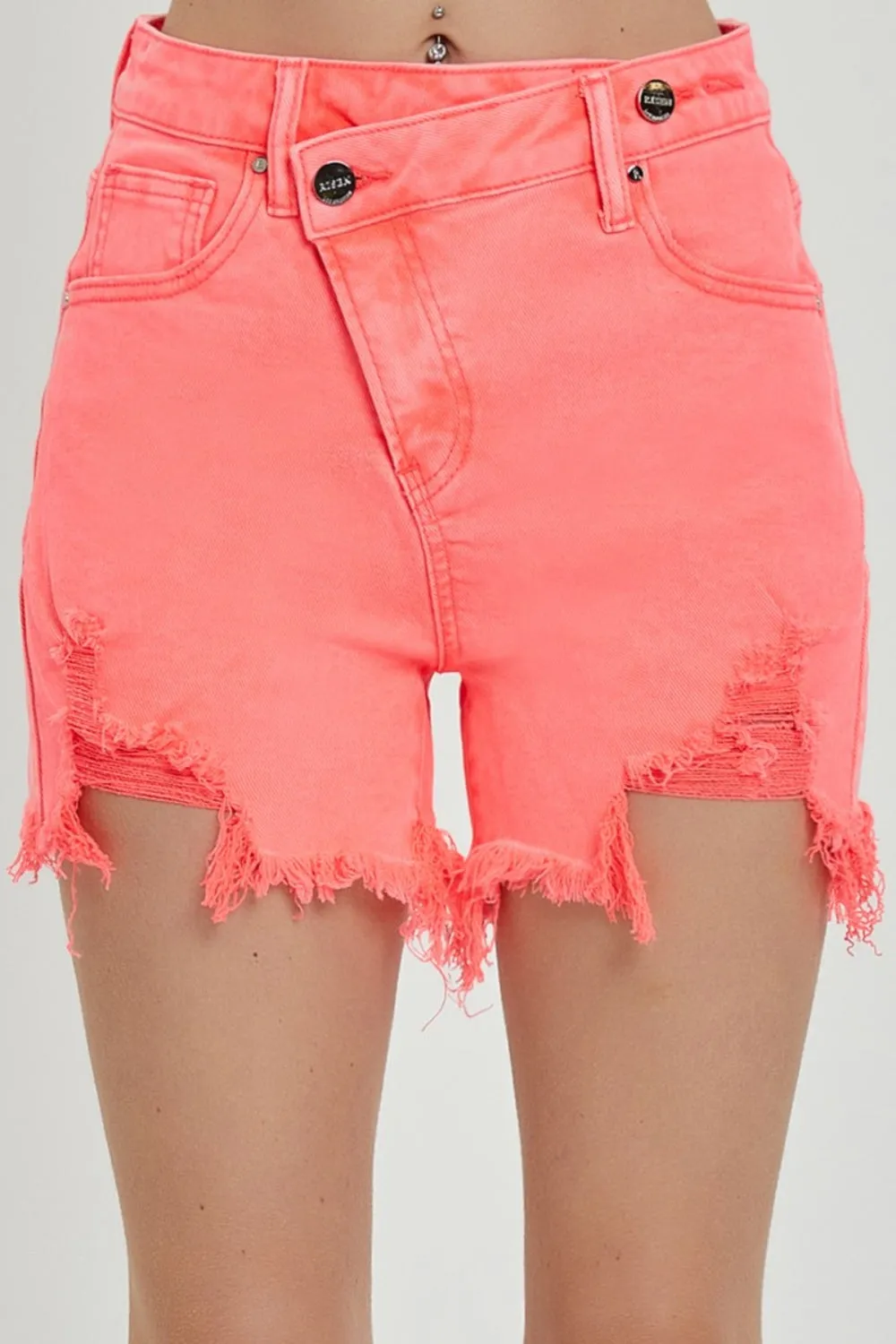 RISEN Asymmetrical Waist Denim Shorts in Coral