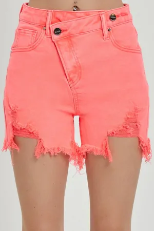RISEN Asymmetrical Waist Denim Shorts in Coral