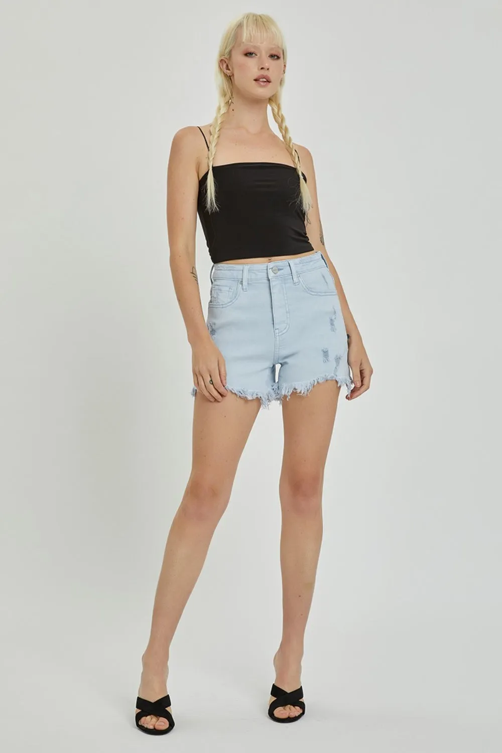 RISEN Char High Rise Distressed Detail Denim Shorts
