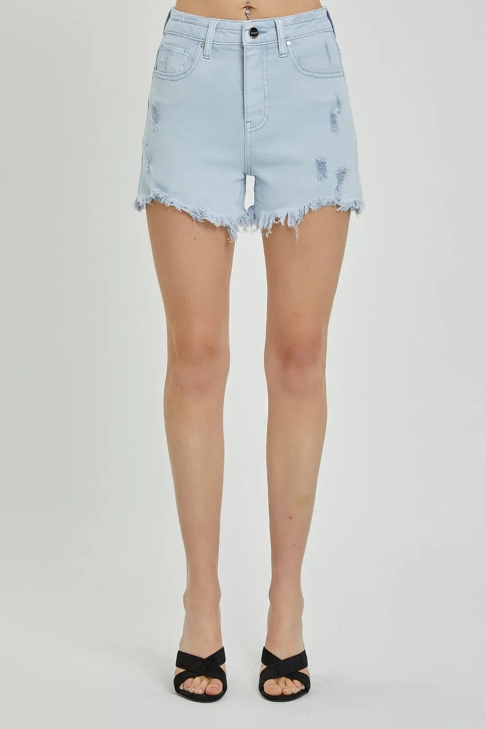 RISEN Char High Rise Distressed Detail Denim Shorts
