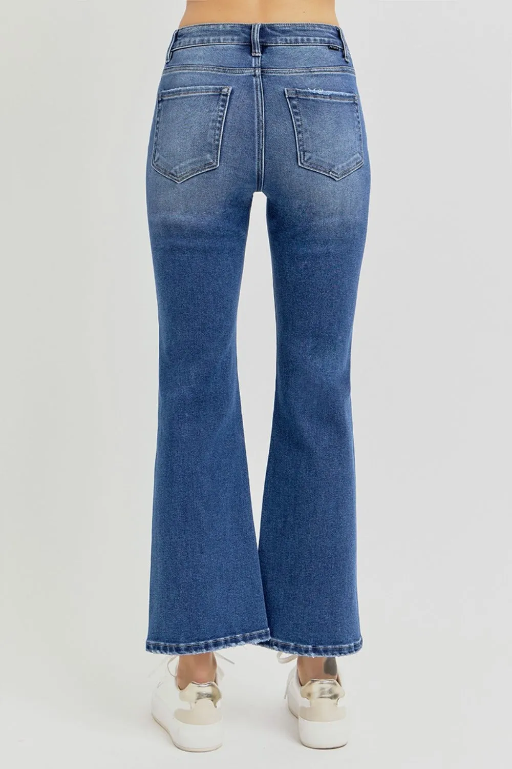 RISEN Distressed High Rise Crop Flare Jeans In Dark Wash