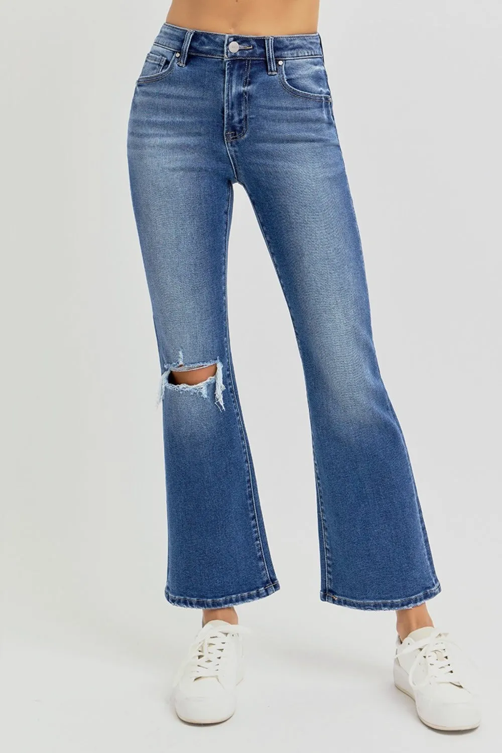 RISEN Distressed High Rise Crop Flare Jeans In Dark Wash