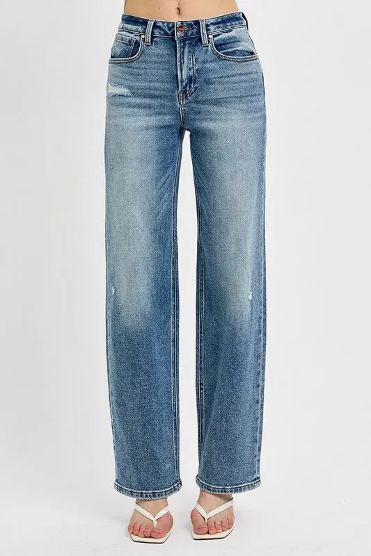 RISEN Distressed Wide Leg Jeans In Medium Wash
