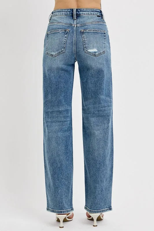 RISEN Distressed Wide Leg Jeans In Medium Wash