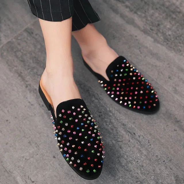 Rivet Rhinestone Decoration Black Mules Shoes