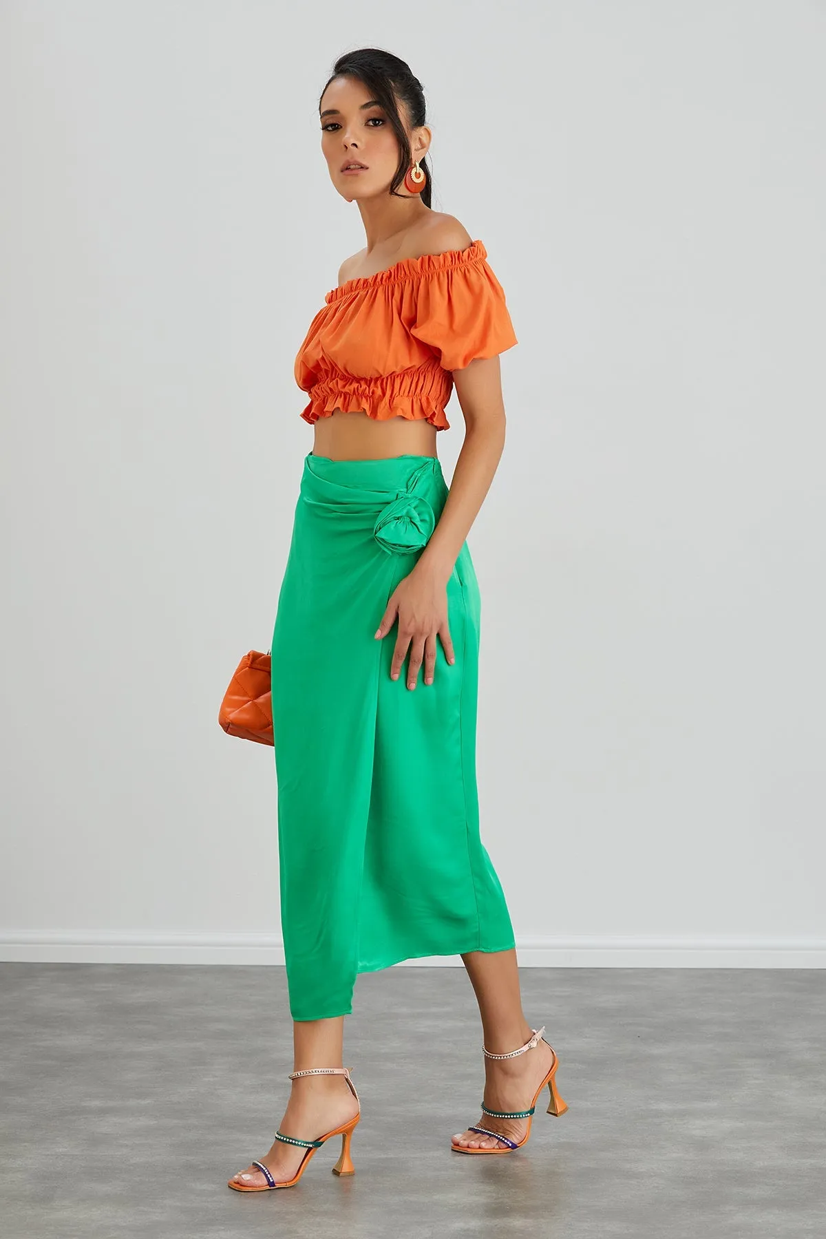 Satin Midi Skirt with Rose detail in Green
