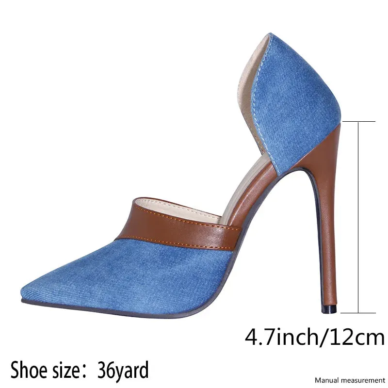 Sohiwoo Sexy Single Shoe Pointed Denim Color Matching High and Slim Heels for Women's Large-sized Cuffed Fashion Versatile High Heels
