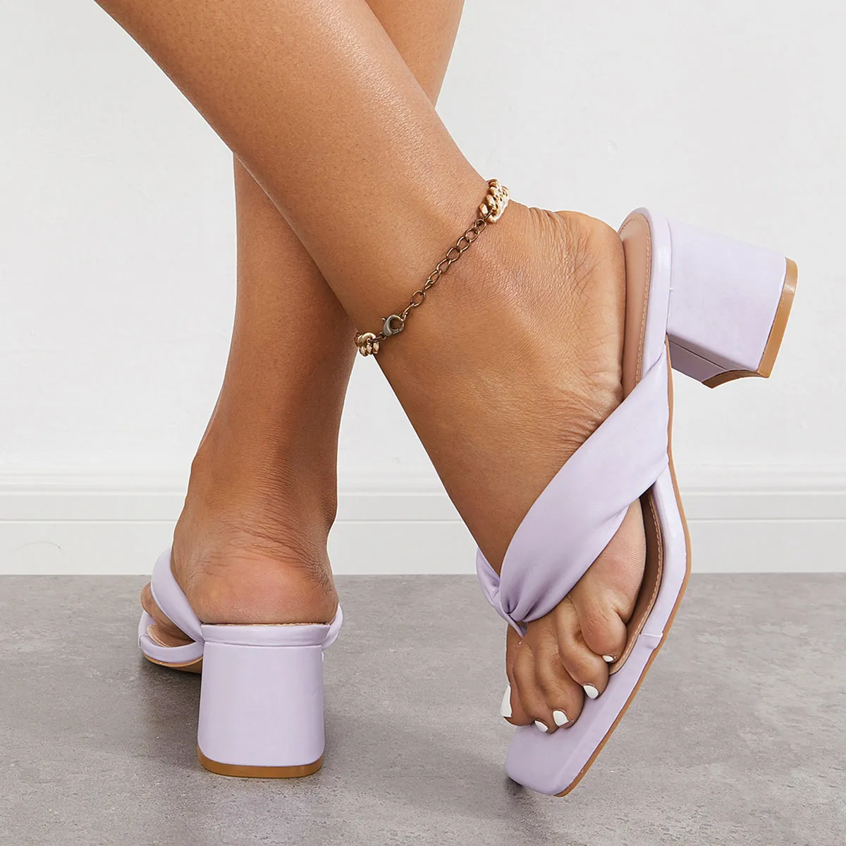 Sohiwoo Women Square Toe Block Heel Flip Flops Sanldas Slip on Backless Mules
