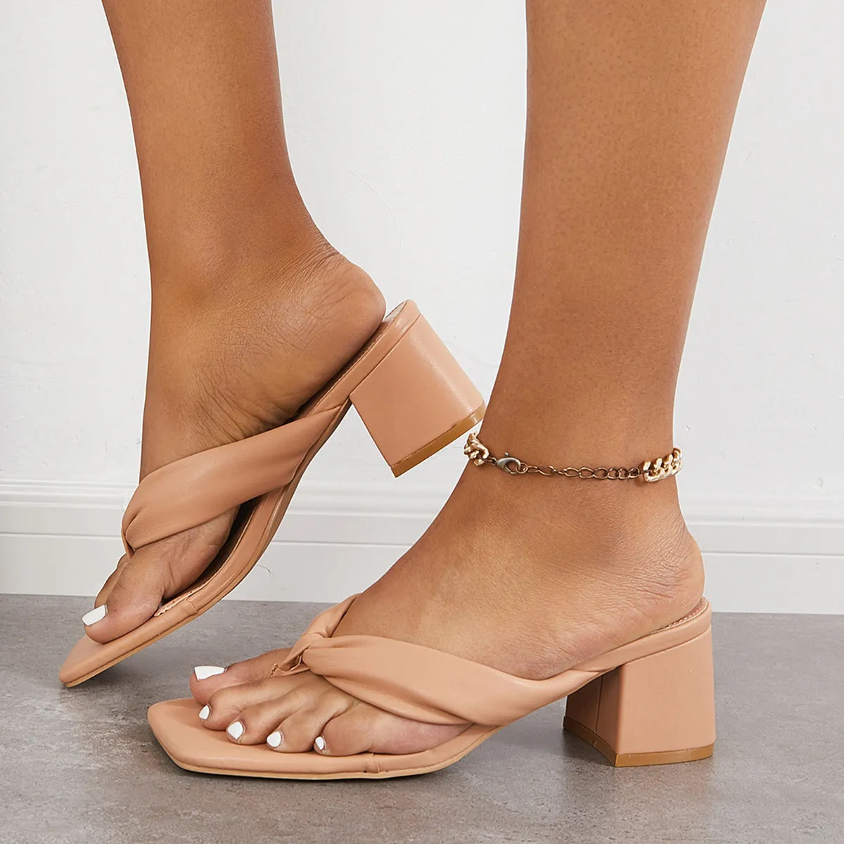 Sohiwoo Women Square Toe Block Heel Flip Flops Sanldas Slip on Backless Mules