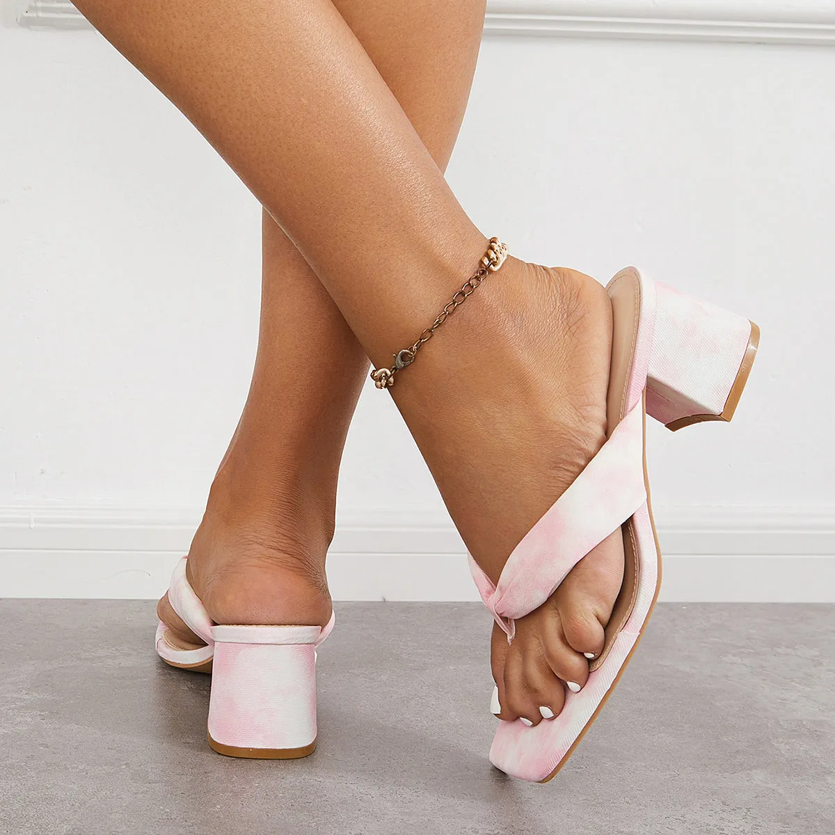 Sohiwoo Women Square Toe Block Heel Flip Flops Sanldas Slip on Backless Mules