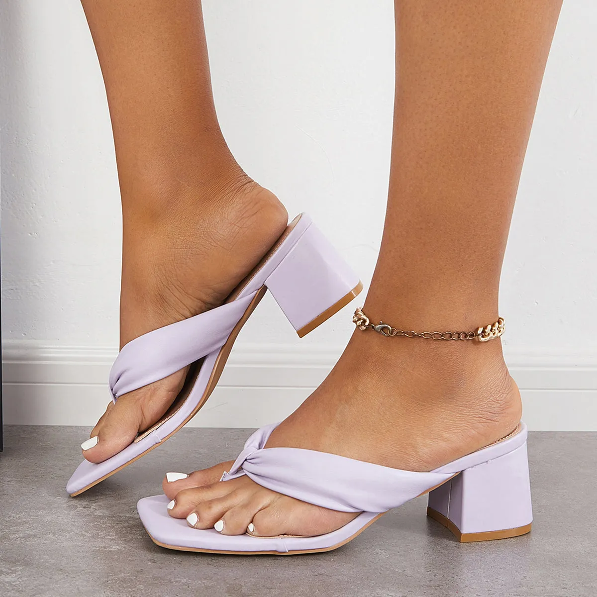 Sohiwoo Women Square Toe Block Heel Flip Flops Sanldas Slip on Backless Mules