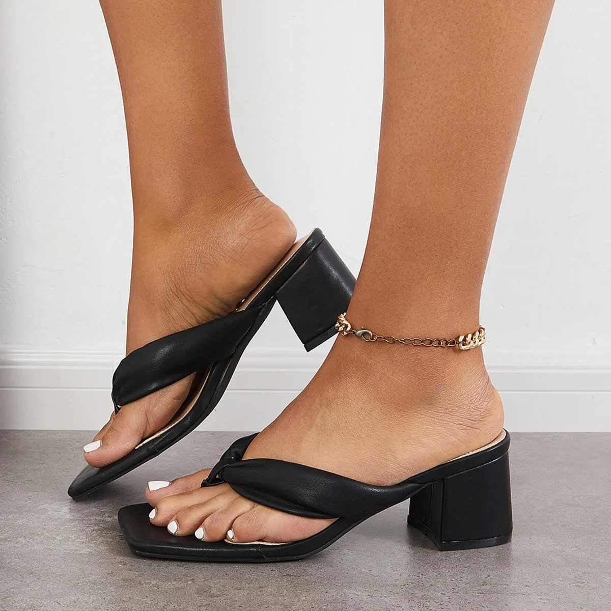 Sohiwoo Women Square Toe Block Heel Flip Flops Sanldas Slip on Backless Mules