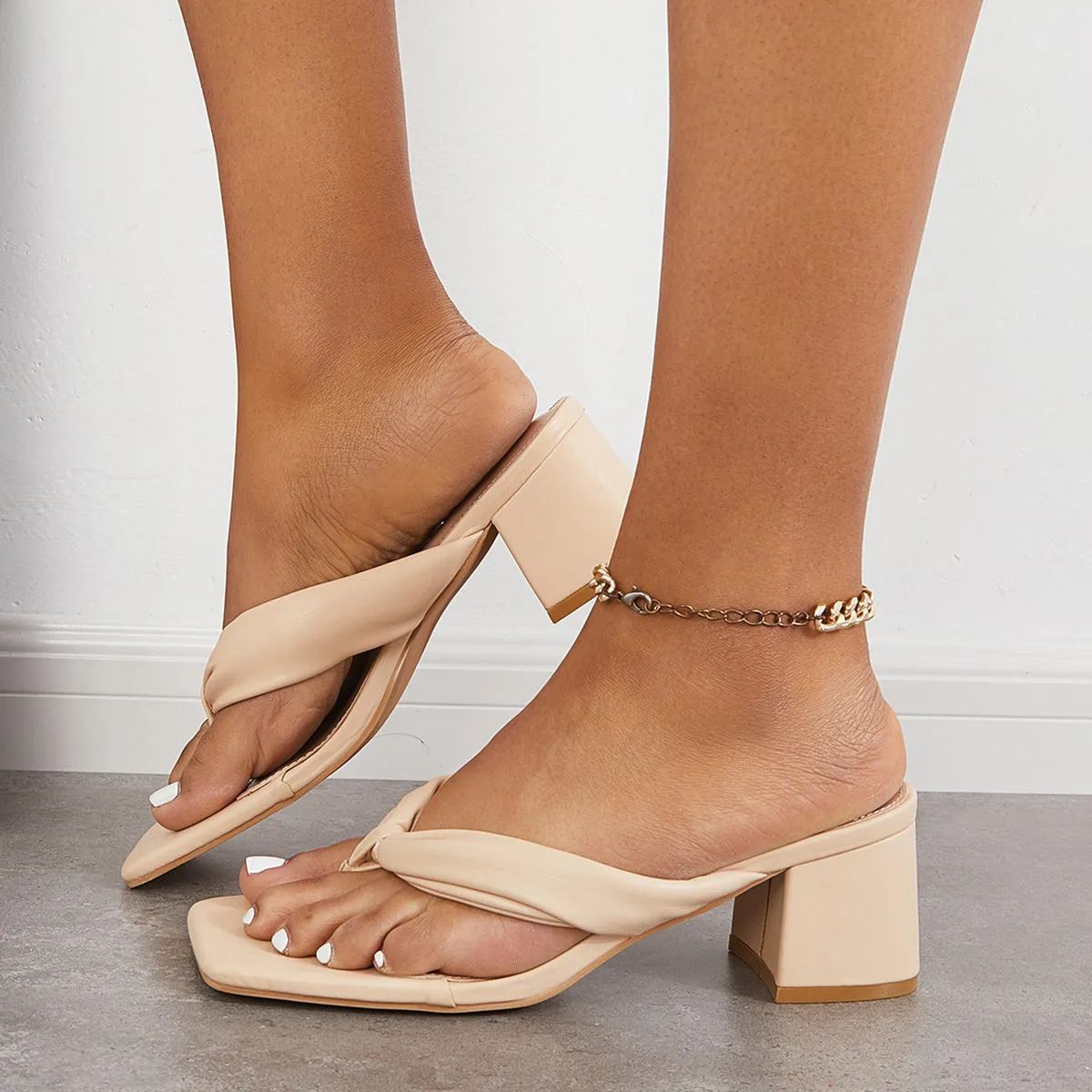 Sohiwoo Women Square Toe Block Heel Flip Flops Sanldas Slip on Backless Mules