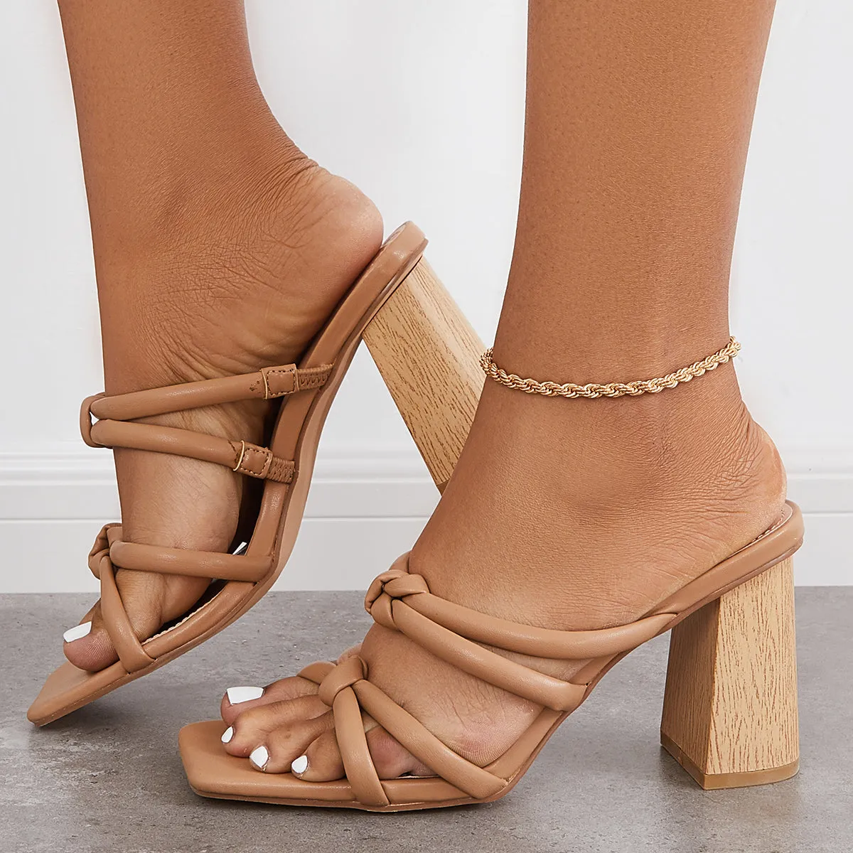 Sohiwoo  Women's Square Toe Chunky High Heeled Mules Slip on Backless Sandals
