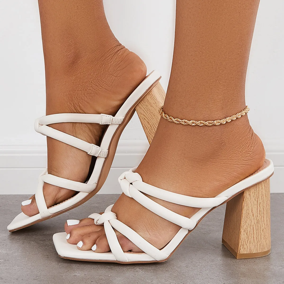 Sohiwoo  Women's Square Toe Chunky High Heeled Mules Slip on Backless Sandals